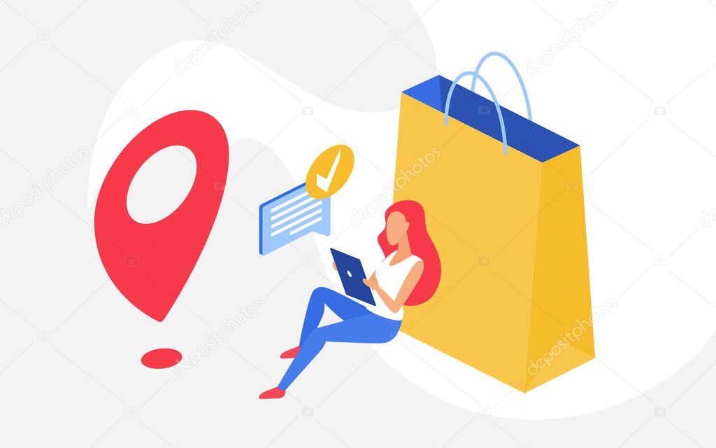 Shopping online, sales concept, woman shopper sitting with phone next to big shopping bag