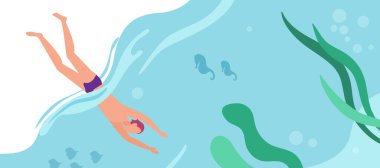 Yaz tatili su altında yüzme macerası, aktif yüzücü genç adam yüzme