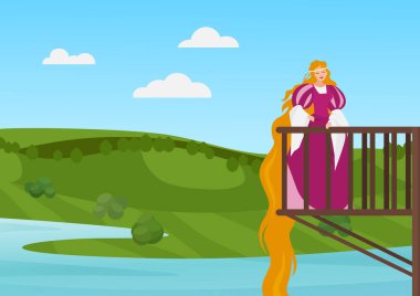 Güzel, mutlu, uzun saçlı prenses Rapunzel sihirli kalenin balkonunda duruyor.