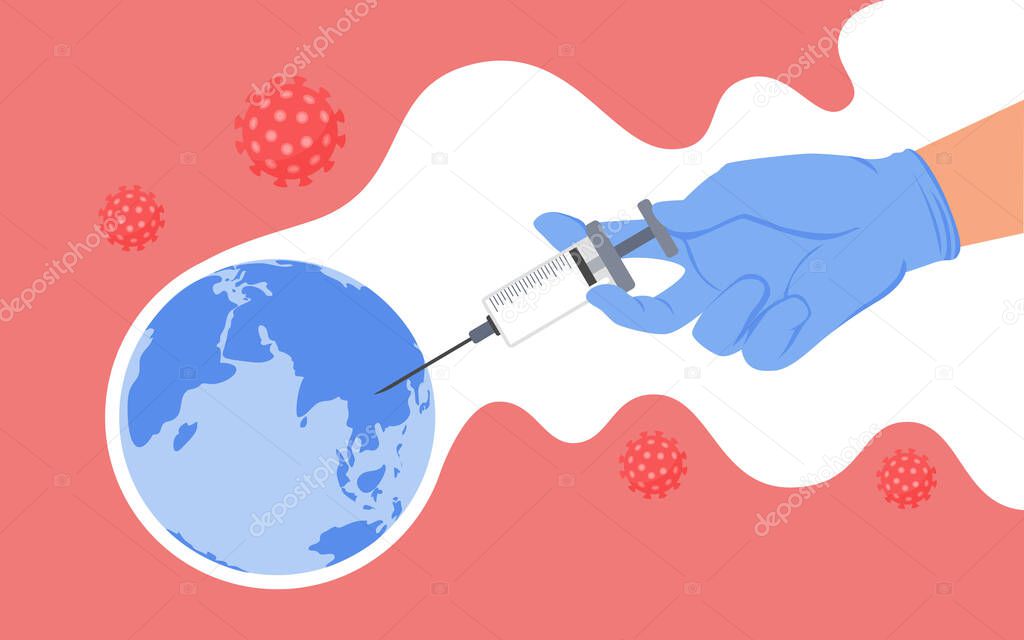 Vaccination, global world protection from coronavirus concept, doctor hand and syringe