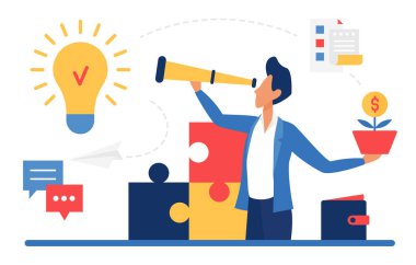 Başarı işi yeni fikir konsepti, teleskopla bakan iş adamı lider karakter