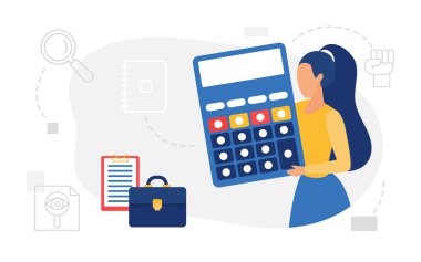 İş finans hesapları, muhasebe kavramı, muhasebeci büyük hesap makinesi tutuyor.