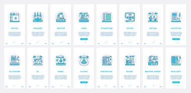 Petrol ve gaz endüstrisi, metalurji teknolojisi UX, UI mobil uygulama ekranı seti