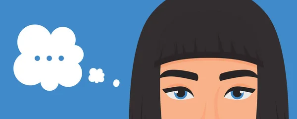 Mädchen denken über das Problem mit Punkten in der Denkblase nach, Ausdruck Porträt mit Augen — Stockvektor
