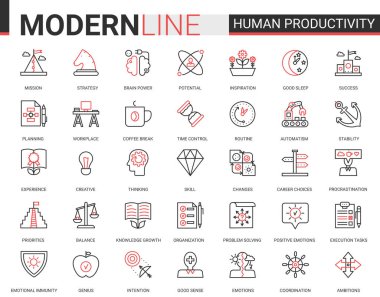 İnsan beyni verimliliği, konsantrasyon klasik kırmızı ana hat çizim çizgisi ikonu vektör illüstrasyonu