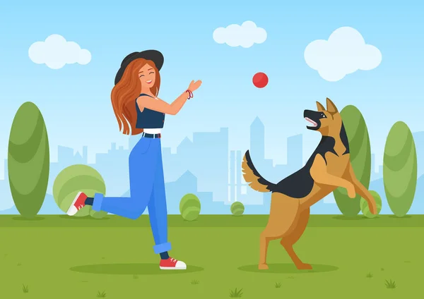 Chica feliz jugando con perro mascota, mujer joven y pastor perrito amigo saltar y jugar pelota — Archivo Imágenes Vectoriales