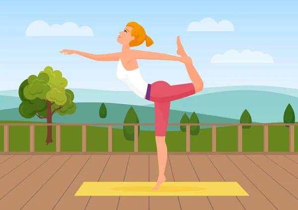 Mujer haciendo yoga pose en la naturaleza paisaje fondo — Vector de stock