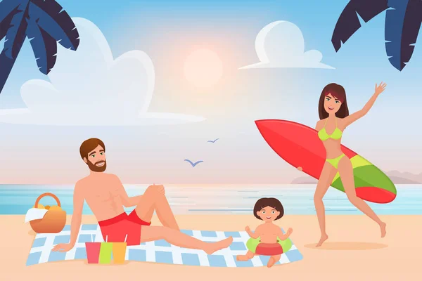 Família feliz passar o tempo divertido na praia tropical de verão, mãe surfista com prancha de surf — Vetor de Stock