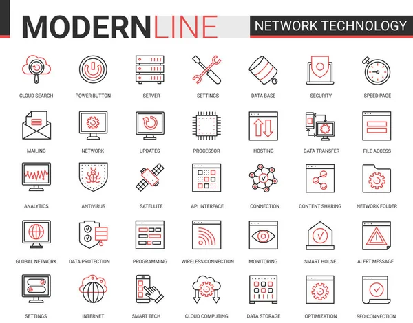 Netzwerktechnologie rot schwarz umreißt Linie Symbole Vektor Illustration — Stockvektor