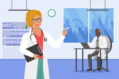 Hastanede tıbbi ekip çalışması, elinde şırınga tutan kadın hemşire, dizüstü bilgisayarla çalışan doktor.