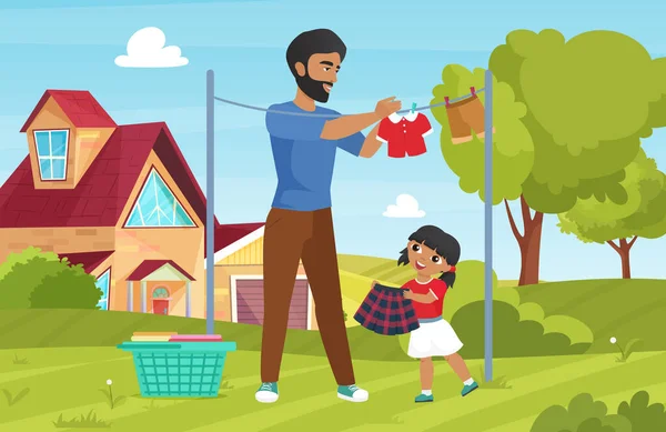 Lavare i vestiti di famiglia, faccende domestiche con giovane padre e figlia ragazza — Vettoriale Stock