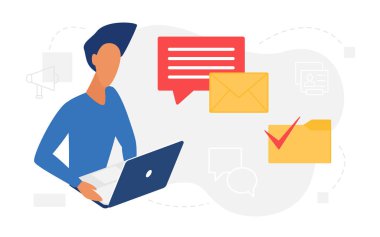 E- posta iletisi, e- posta bildirim kavramı, gelen mesajları internetten okuyan adam.