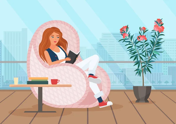 Fille lecture livre sur terrasse, jeune femme assise sur le balcon, détente en plein air — Image vectorielle