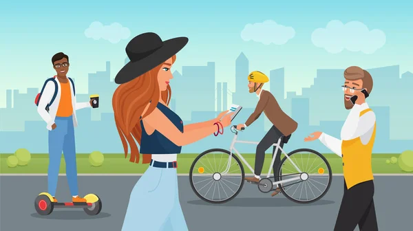 Люди гуляют в городском парке, парень на гироборде, мужчина в шлеме на велосипеде, девушка держит телефон — стоковый вектор