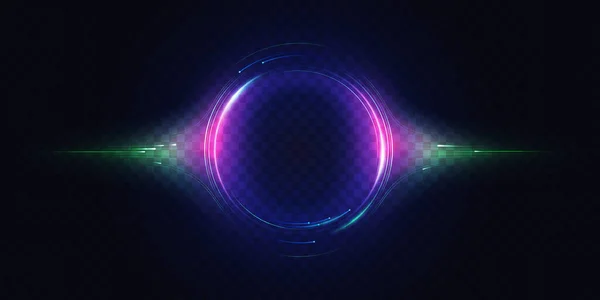 Círculo luminoso de neón, efecto de luz, resplandor del elemento circular redondo, líneas de movimiento abstractas — Vector de stock