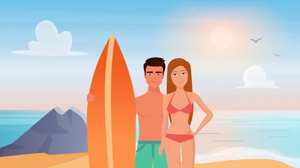 Feliz casal surfistas pessoas surfar na paisagem da praia tropical, férias de verão turismo — Vetor de Stock