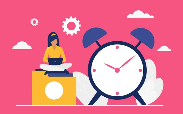 Η έννοια της διαχείρισης του χρόνου εργασίας, υπάλληλος γραφείου επιχειρήσεων ή διευθυντής κάθεται δίπλα στο ρολόι — Διανυσματικό Αρχείο
