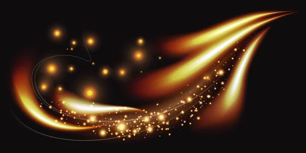 黄金の光の線豪華な光の波、フレアの形の魔法の渦、金のエネルギーの輝き — ストックベクタ