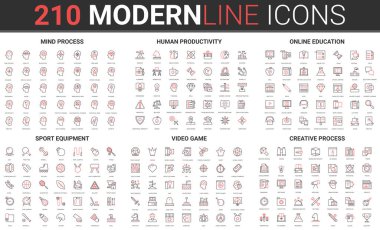 Brain creative process, sport education, human productivity, online video game icon set