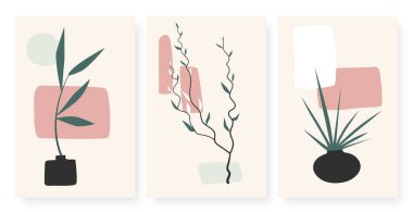 Abstract geometric shapes, vases with plant branch and leaves set, boho leaf wall decor