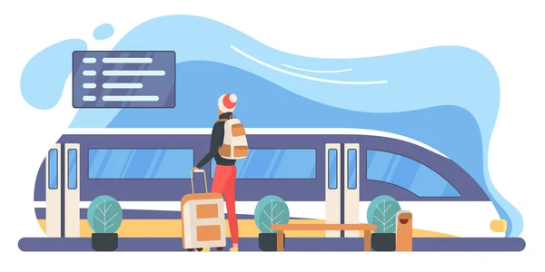 Traveler Tourist with backpack man at railway station platform near modern train — Vector de stock