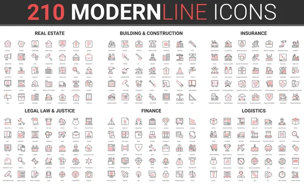 Construcción y construcción inmobiliaria, seguros, derecho legal, logística entrega icono conjunto — Archivo Imágenes Vectoriales