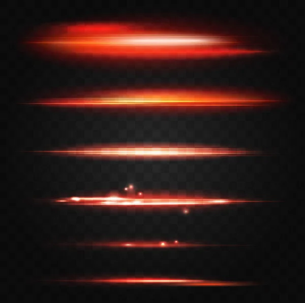 Líneas rojas iluminadas de neón, conjunto de efectos de destello de luz abstracta, elementos de diseño ui brillan — Vector de stock