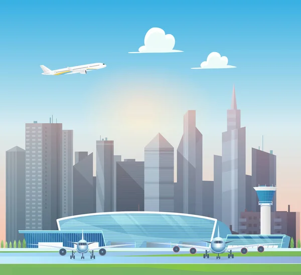 Modernos edificios terminales del aeropuerto, avión despegando al cielo por encima de rascacielos de oficinas — Vector de stock