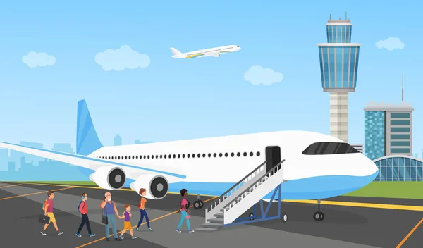 Personas en el aeropuerto, cola de viajeros y aviones, pasajeros con bolsas de pie en la fila — Vector de stock