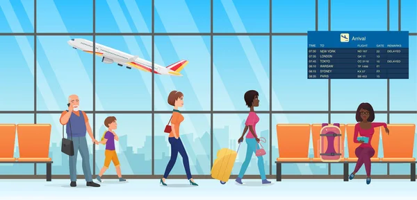 Pessoas passageiros no aeroporto internacional de partida terminal interior, turistas caminhando — Vetor de Stock