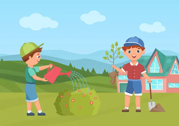 Glückliche Kinder gießen Pflanzen im Sommergarten oder Park, Kindergärtner hält Bäumchen — Stockvektor