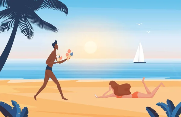 Люди отдыхают на летнем морском пляже на острове Эль, мужчина держит в руках мороженое — стоковый вектор