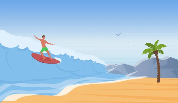 Surfistas surfean, montan olas de agua en la playa del mar, feliz joven surfeando en la tabla de surf — Archivo Imágenes Vectoriales