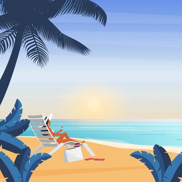 Μπικίνι κορίτσι ξαπλωμένο στην ξαπλώστρα, θάλασσα παραλία τροπικές διακοπές, κορίτσι με καπέλο αναπαύεται στην καρέκλα — Διανυσματικό Αρχείο