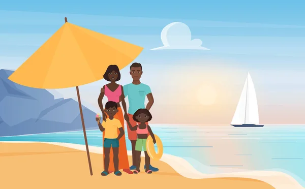 Aile mutlu insanlar tropik ada cennetinde plaj şemsiyesi altında duruyor. — Stok Vektör