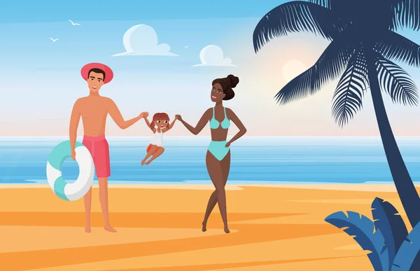 Familia feliz gente divertirse, tomar el sol y jugar juntos en vacaciones de verano mar playa — Vector de stock