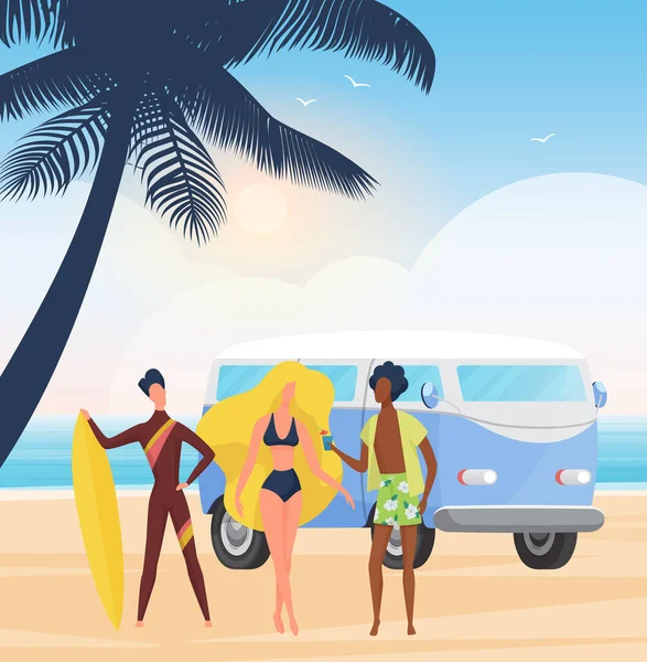 Серфер людей з дошками для серфінгу на літньому морському пляжі вечірка, серфінг екстремальні тропічні пригоди — стоковий вектор