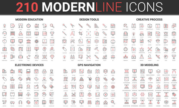 Современное образование, творческий процесс проектирования, 3D моделирование, набор иконок электронного устройства