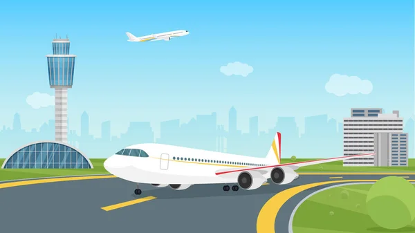 Avión despegando de la pista del aeropuerto, despegue de aviones de pasajeros, aeródromo de paisaje — Vector de stock