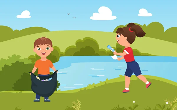 Les enfants ramassent les ordures, la nature propre, mignon garçon volontaire fille nettoyage vert parc — Image vectorielle