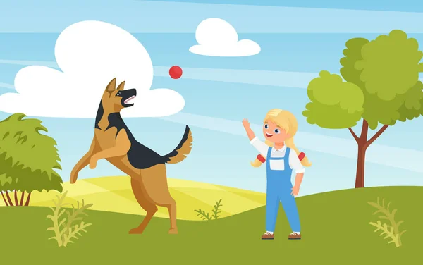 Счастливая девочка играет в веселую игру с собакой на детской площадке или в летнем природном парке под открытым небом — стоковый вектор