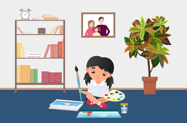 Dětská malba štětcem, malby na paletě, dívčí výtvarnice sedící na podlaze školky — Stockový vektor