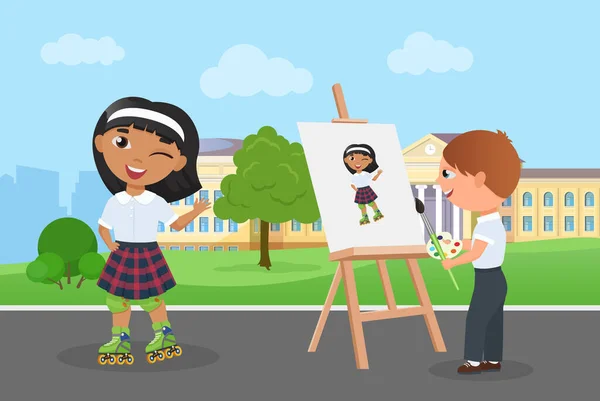 Діти друзі проводять веселий час разом, молодий художник малює портрет дівчини — стоковий вектор