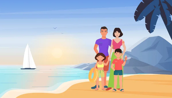 Rodinní příslušníci na letní dovolené na pláži u moře, matka otec a děti stojící spolu — Stockový vektor