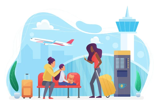 Transporte aéreo, pessoas turistas esperam voo no aeroporto moderno, viagens em família — Vetor de Stock