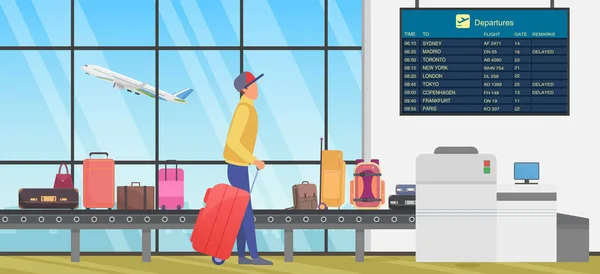Reisetransfer am internationalen Flughafen, Person schaut auf Fluginformationsfahrplan — Stockvektor