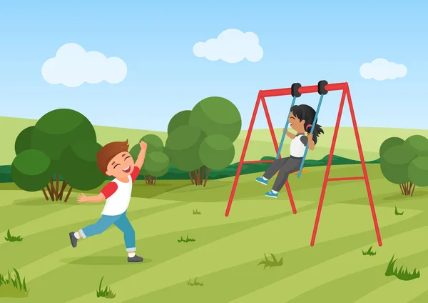 Enfants heureux balançoire balançoire, enfants d'âge préscolaire actifs jouent ensemble dans le parc d'été aire de jeux — Image vectorielle