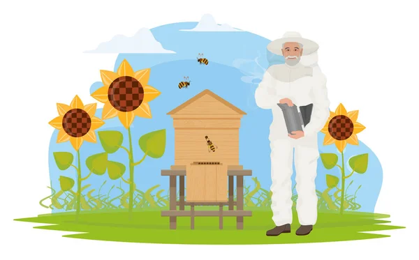 Beekeeper people people work on apiary, honey production, elderly apiarist beekeeping — Stock Vector