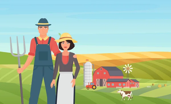 Bauern arbeiten auf Viehfarm in dörflicher Agrarlandschaft — Stockvektor