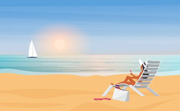 Yaz tatili, seyahat tatili, şapkalı genç bikinili kız güneş banyosu, arka manzara. — Stok Vektör